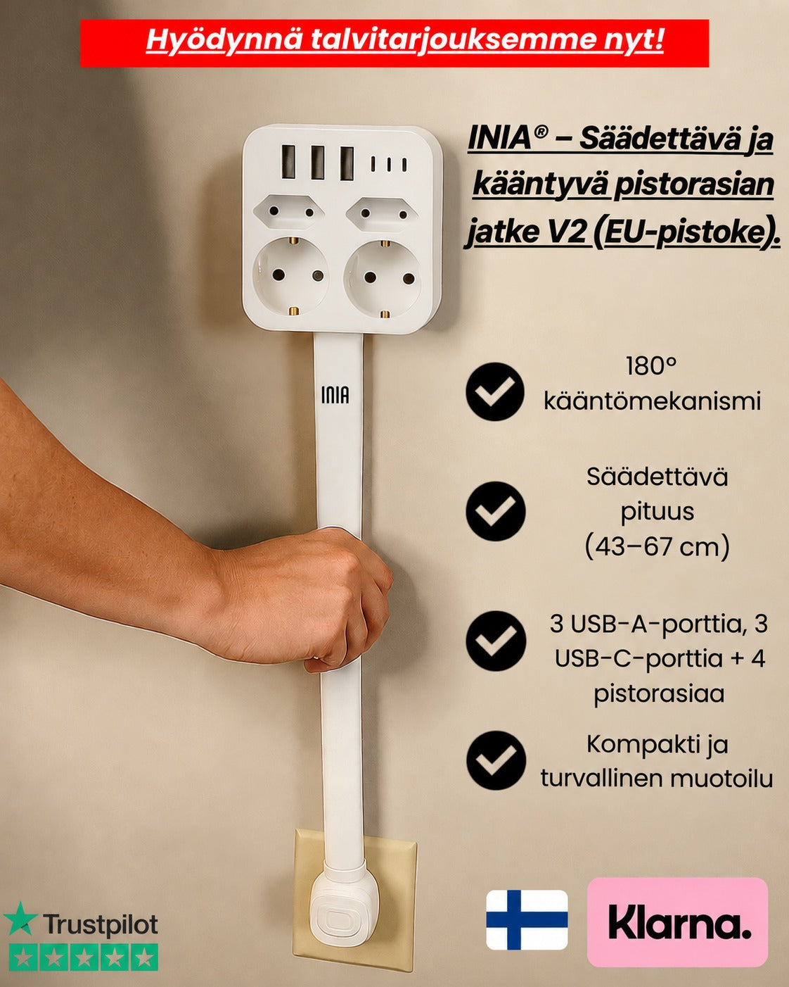 INIA® - Säädettävä ja kääntyvä pistorasian jatke V2 (EU-pistoke).