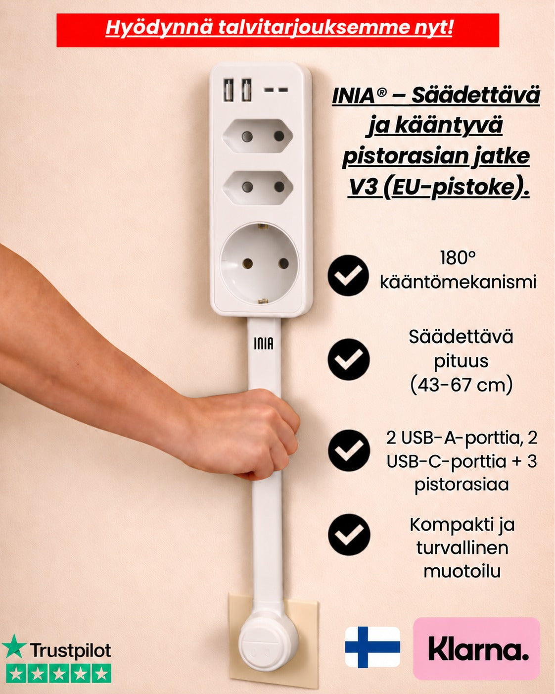 INIA® - Säädettävä ja kääntyvä pistorasian jatke V3 (EU-pistoke).