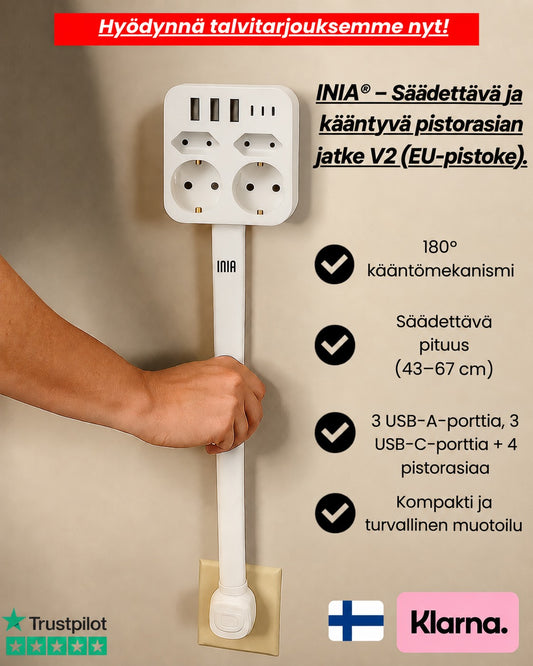 INIA® - Säädettävä ja kääntyvä pistorasian jatke V2 (EU-pistoke).