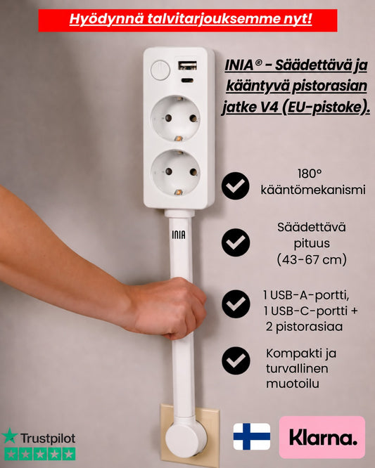 INIA® - Säädettävä ja kääntyvä pistorasian jatke V4 (EU-pistoke).