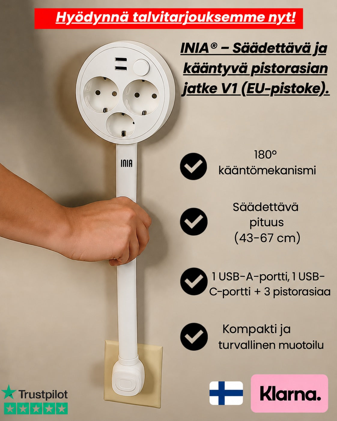 INIA® - Säädettävä ja kääntyvä pistorasian jatke V1 (EU-pistoke).