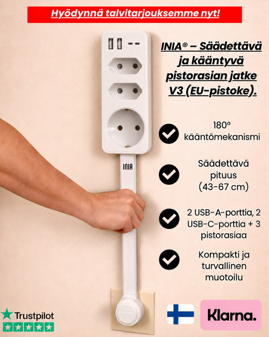 INIA® - Säädettävä ja kääntyvä pistorasian jatke V3 (EU-pistoke).